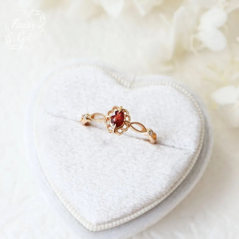 Natural garnet picture frame hollow lace flower ring in adjustable split ring copper with floral motifs