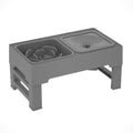 Adjustable dog bowl stand with stainless steel bowls in grey, set to middle height for a medium-sized dog