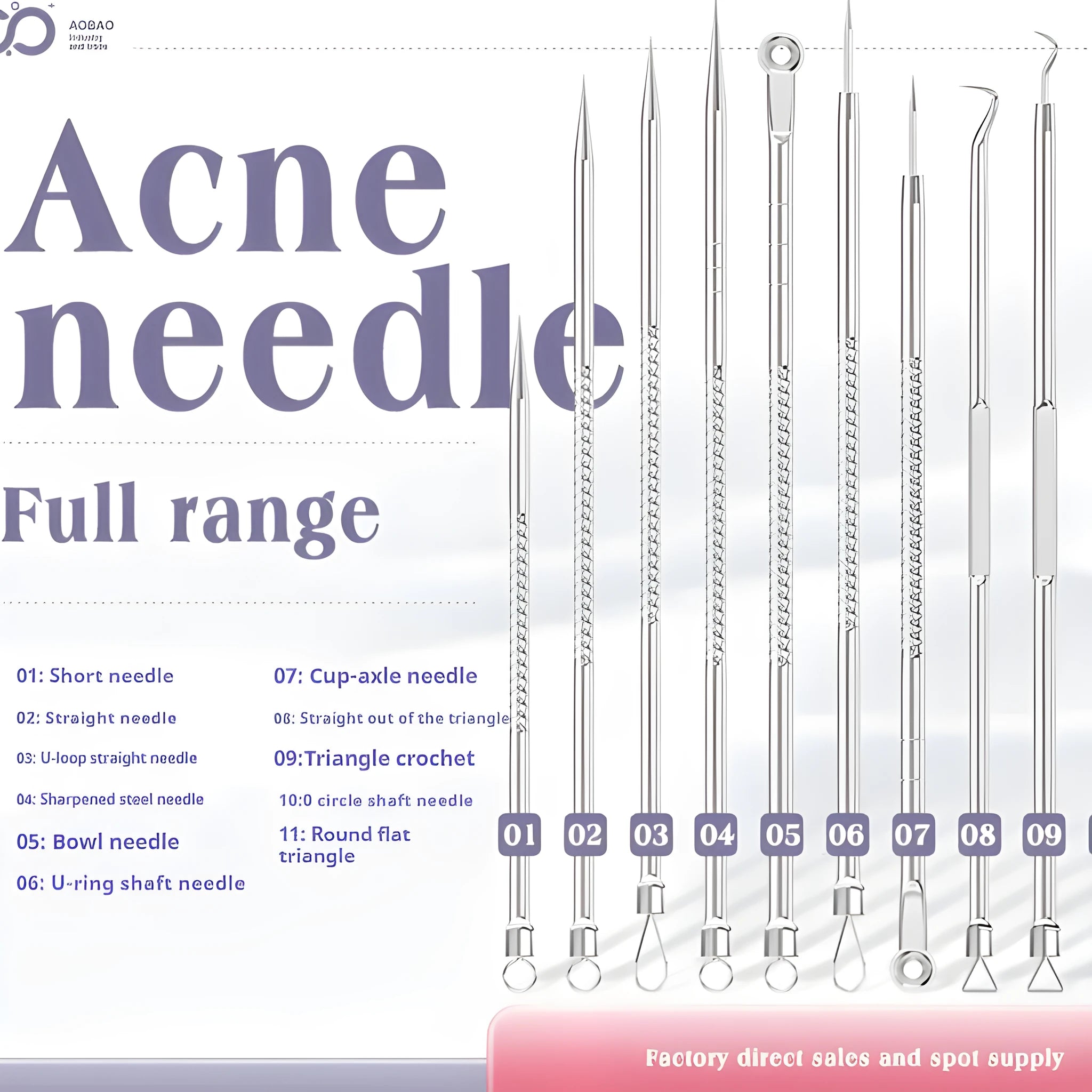 Silver-coloured metal 4-piece acne needle set with ultra-fine pointed tips on a white background.