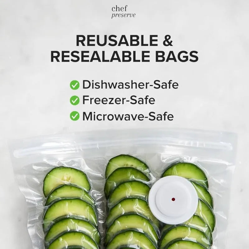 White USB electric vacuum food storage pump with five 26x28cm plastic zipper bags