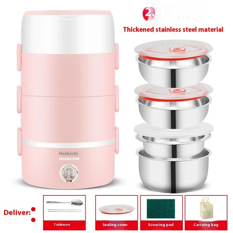 Portable plug-in insulated lunch box in double layer pink with stainless steel inner liner and electrical plug