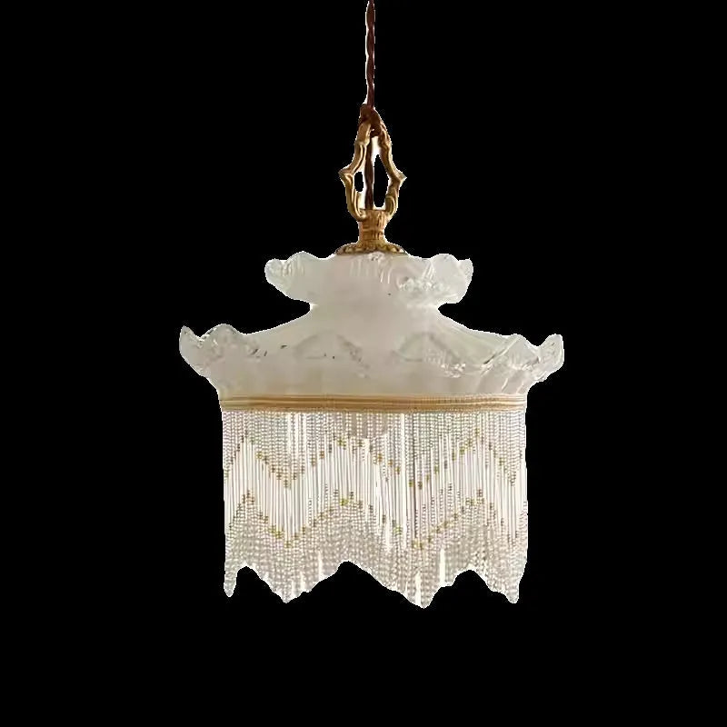 Tassel chandelier with copper lamp body and glass lampshade for dining room or bedroom