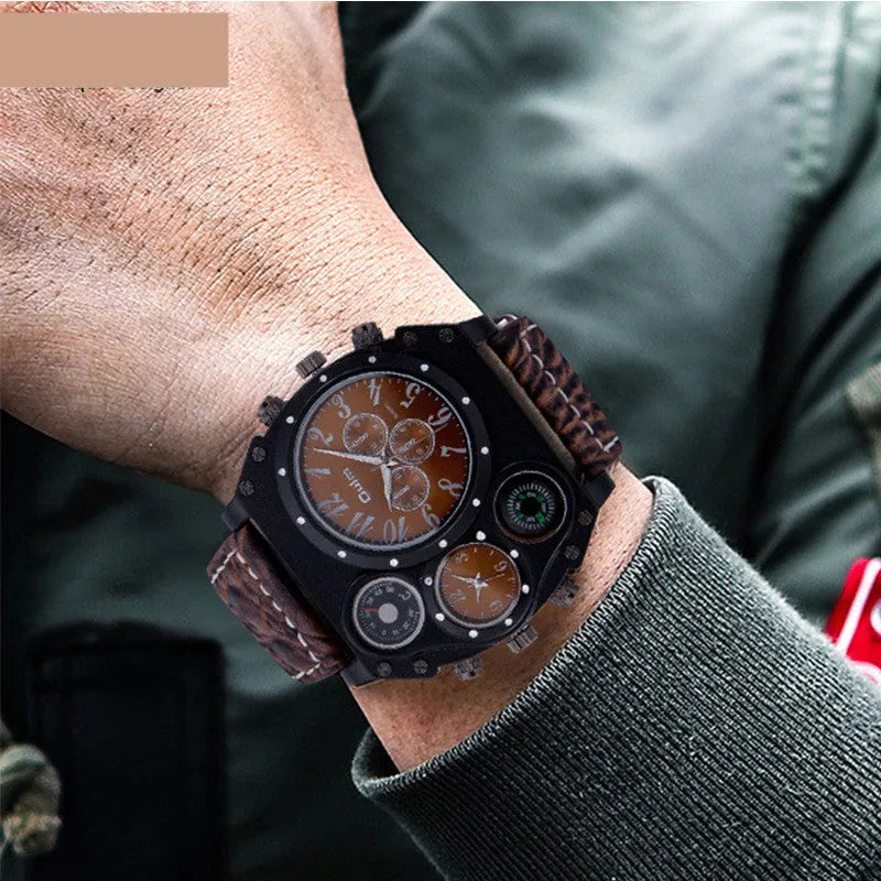 Two places travel time watch for men with two time zones, zinc alloy case 50x58x13mm, PU strap and luminous brown or black dial.