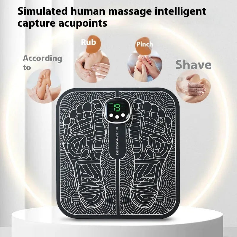 Blue rechargeable reflexology foot massager mat with USB charging cable and remote control