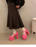 Pink waterproof platform Mary Jane shoes with 6-8cm thick heel, rubber sole and round toe, sizes 33-39.