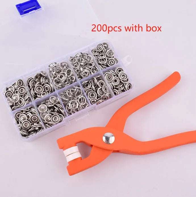 Stainless steel no-sew clothing button kit with pliers for children's garments