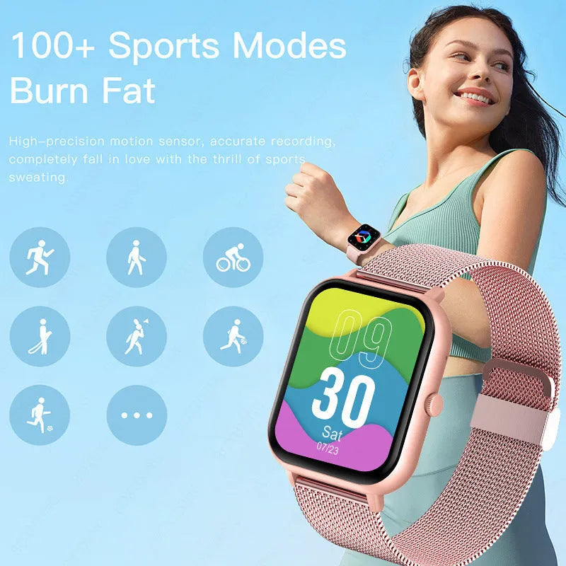 Smart watch with AMOLED screen showing health monitoring functions including heart rate and blood oxygen