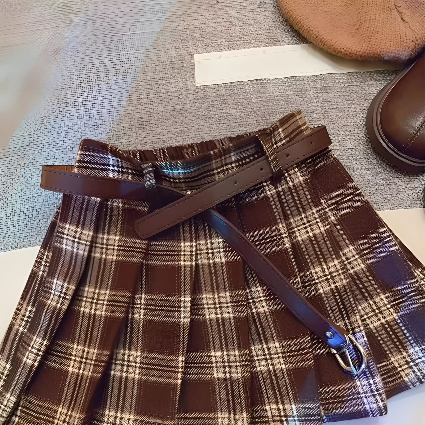 Girls' plaid pleated A-line skirt in cotton blend with six height size options