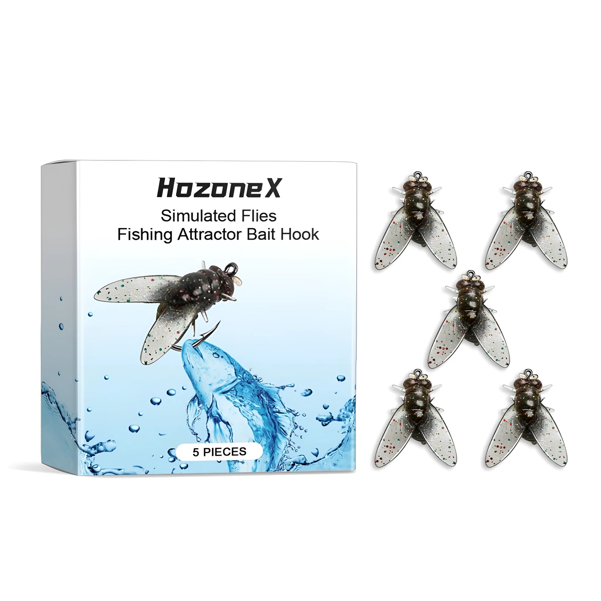 Five TPR soft silicone biomimetic insect fishing lures on a blue background.
