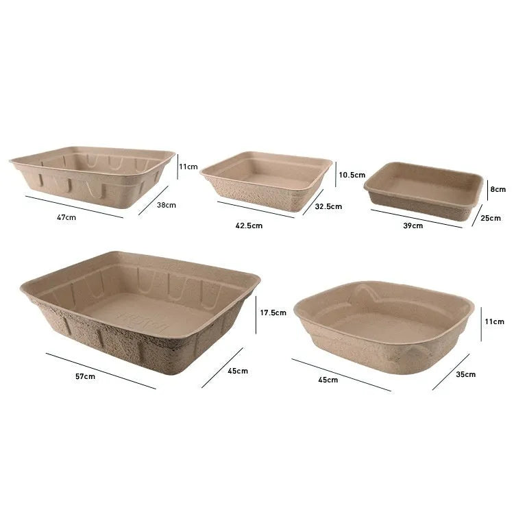 Brown disposable biodegradable cat litter box showing three size options for waterproof temporary use