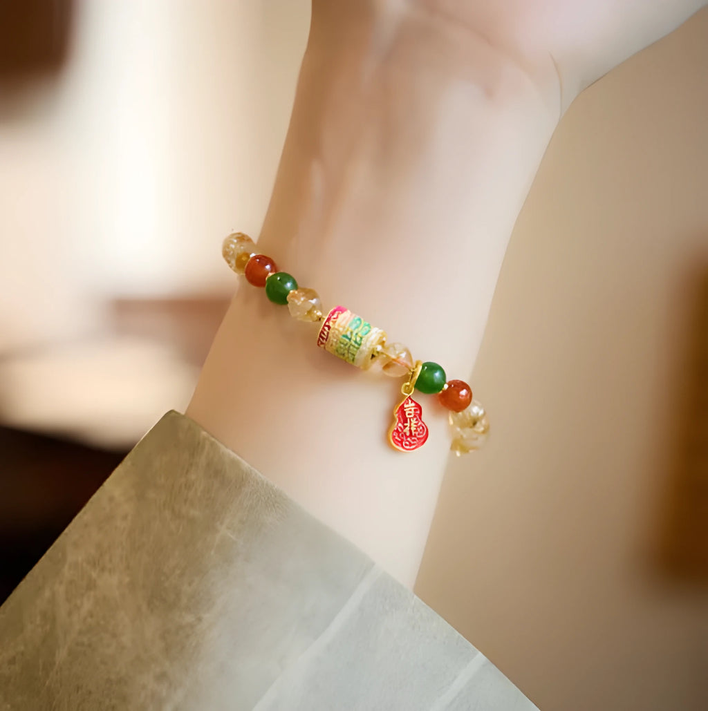 Hand-woven citrine crystal bracelet with five-sutra geometric pattern and 6mm beads
