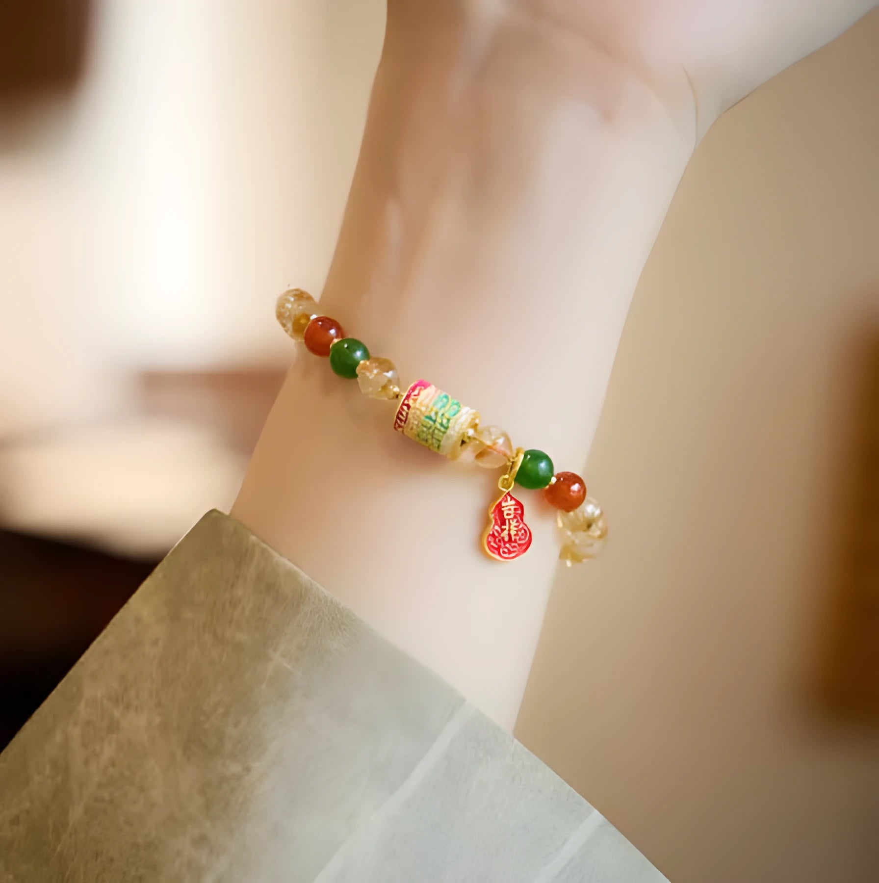 Hand-woven citrine crystal bracelet with five-sutra geometric pattern and 6mm beads