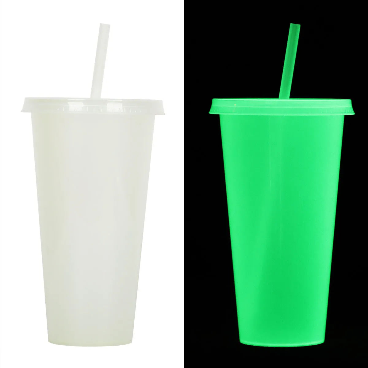 A tall, cylindrical Halloween-themed luminous plastic sippy cup with a straw, showing colour options.