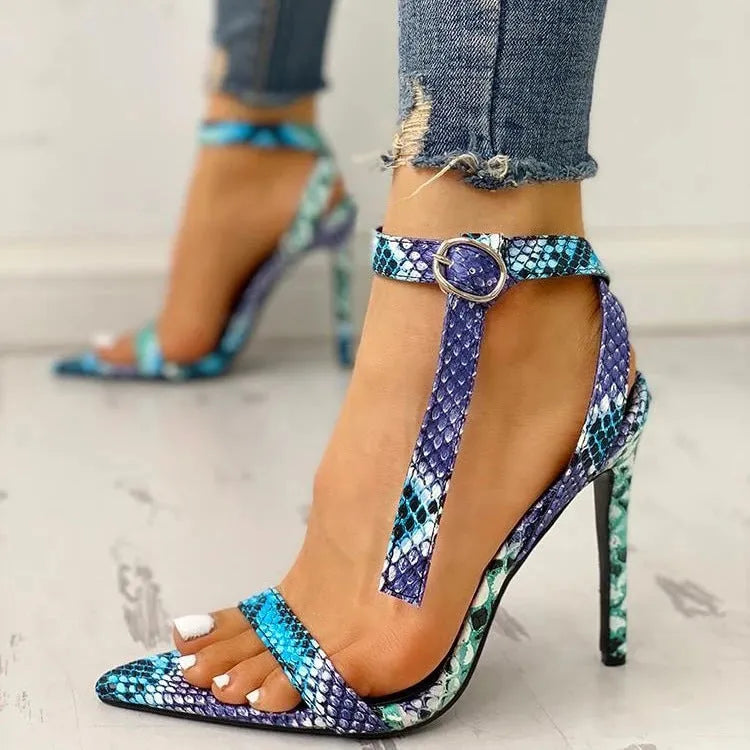Blue women's high heel shoes with buckle closure and hollow-out design on artificial PU leather upper
