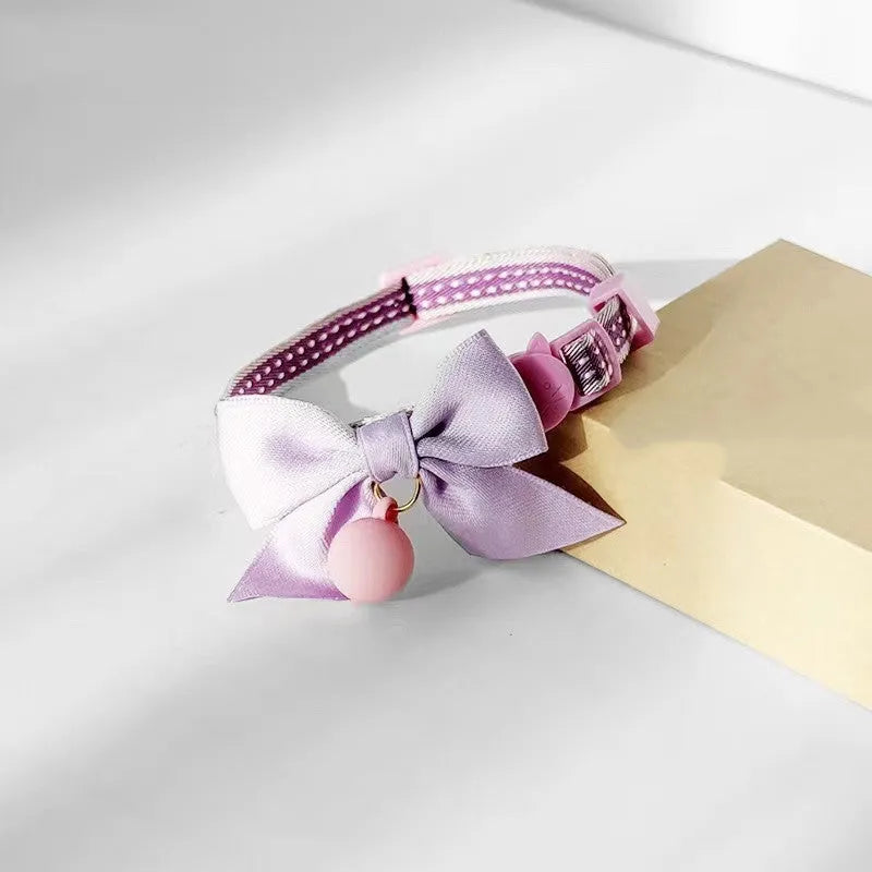 Cute cat bow tie collar with bell in eight colours – orange, pink, purple, navy blue, powder blue, yellow, green – adjustable size