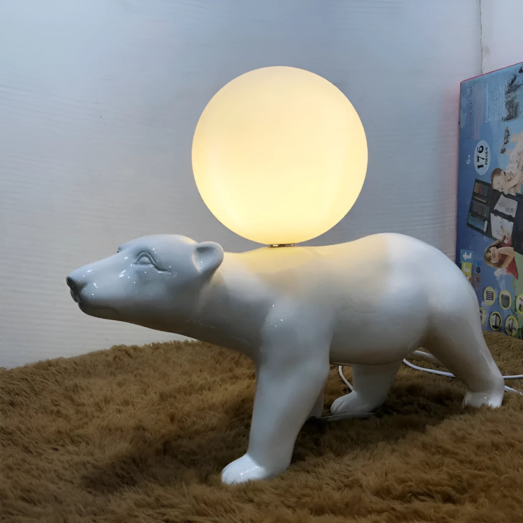 Modern white bear table lamp in sitting posture on a wooden desk, Nordic style, 240mm wide