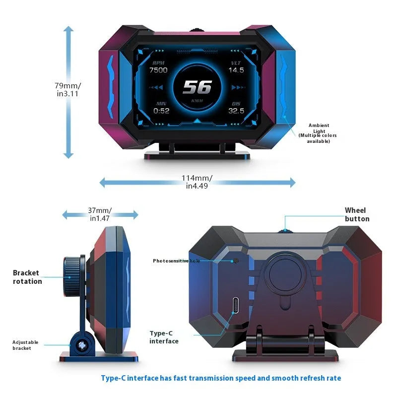 Black PC ABS car head-up display showing speed, water temperature, and voltage, OBD2 and GPS modes, HD screen