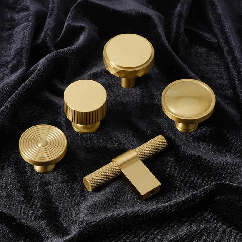 Brass knurled cabinet handle with polished brushed sealing glaze finish for wardrobes, drawers, and cupboards