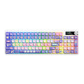 Black mechanical keyboard with RGB backlight showing full key layout and red switches