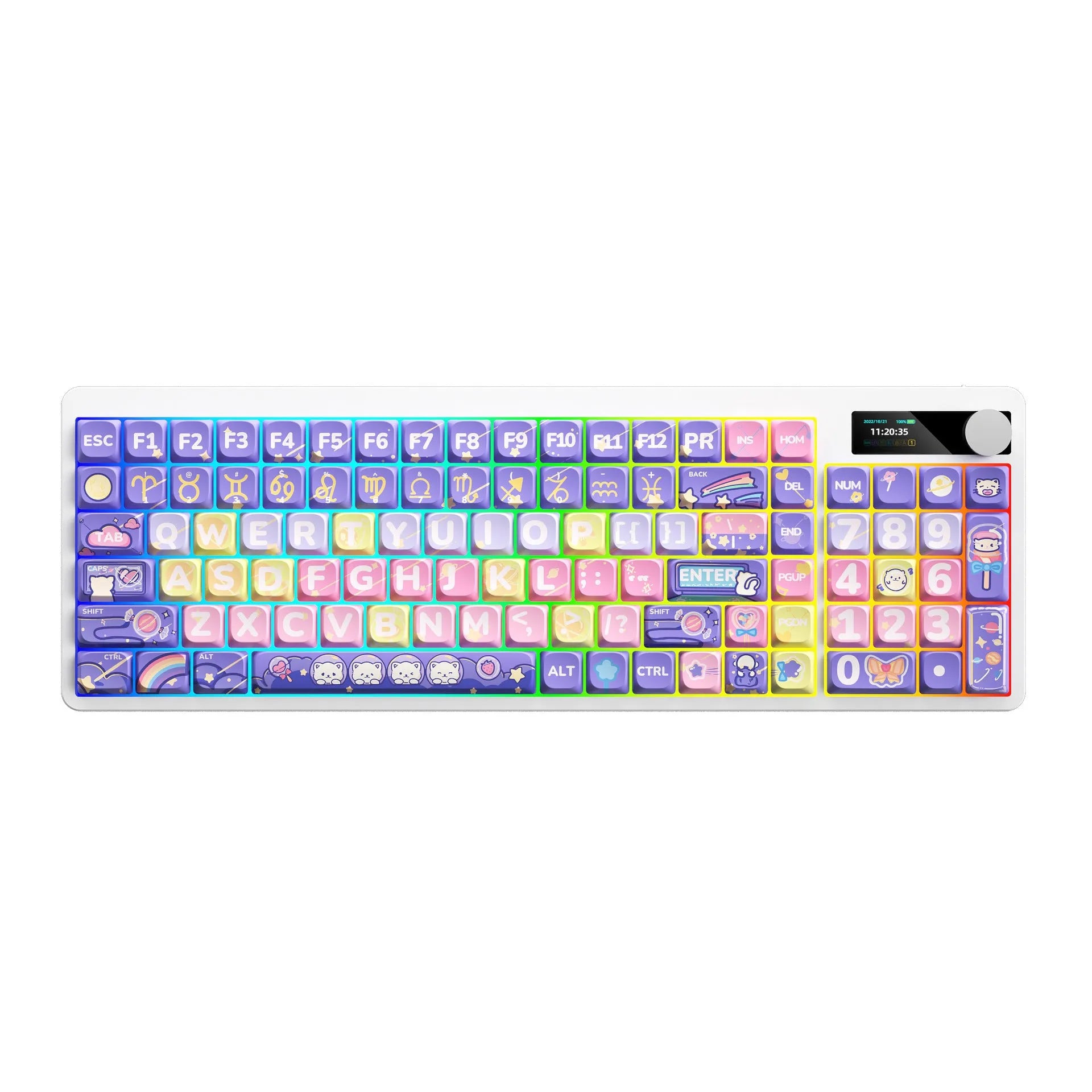 Black mechanical keyboard with RGB backlight showing full key layout and red switches