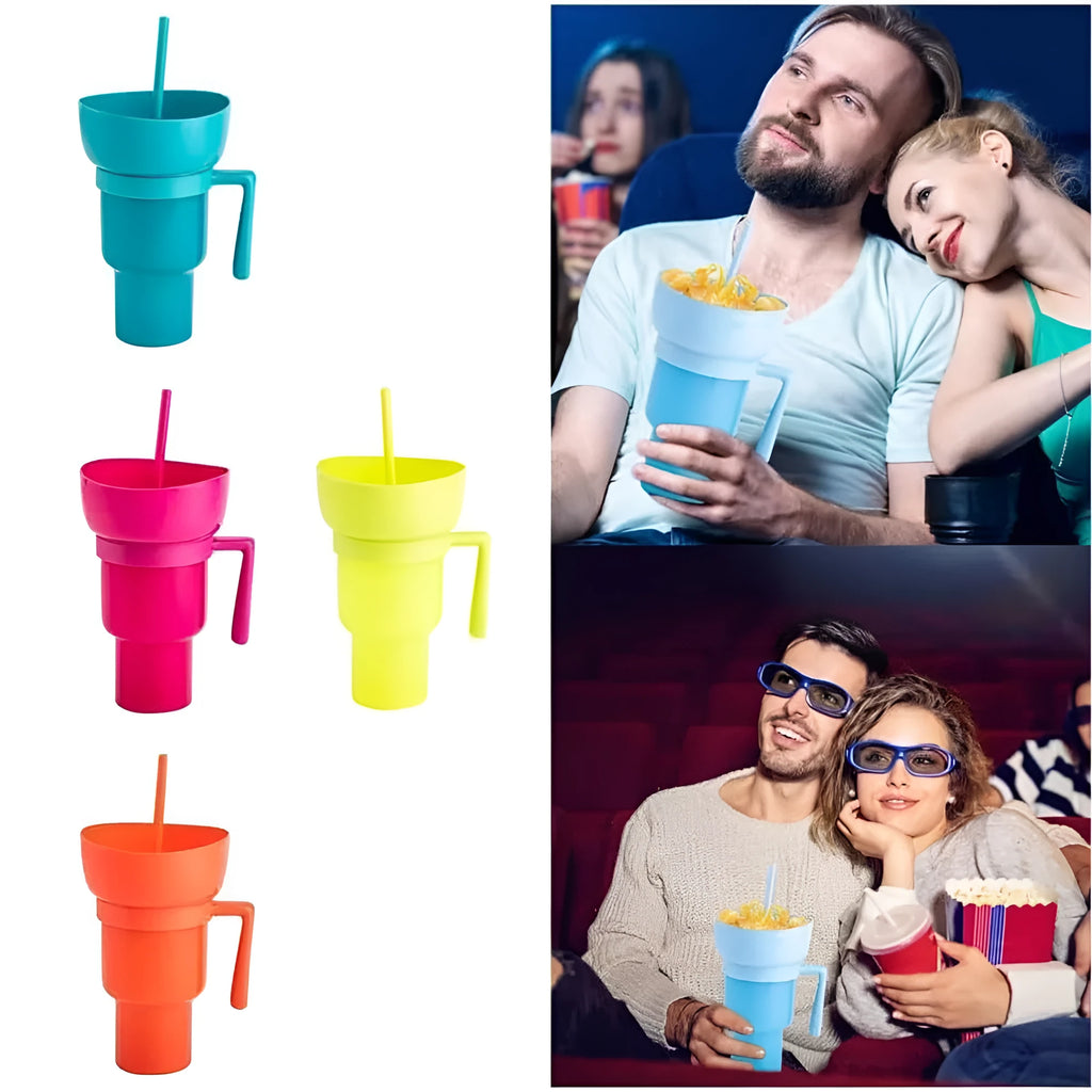 Silicone snack cup with straw and handle, 901-1000ml, 26.7cm tall, in blue yellow orange green pink or colour-changing finish