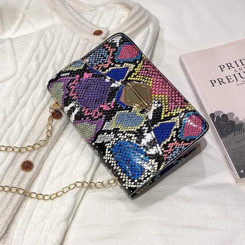 Rainbow Cloud Mist chain bag clamshell handbag PU leather crossbody in light gray with snake texture and chain detail