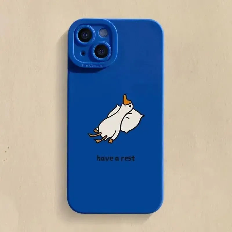 Creative cartoon duck TPU phone case for Apple iPhone in black, white and blue with carved animal design