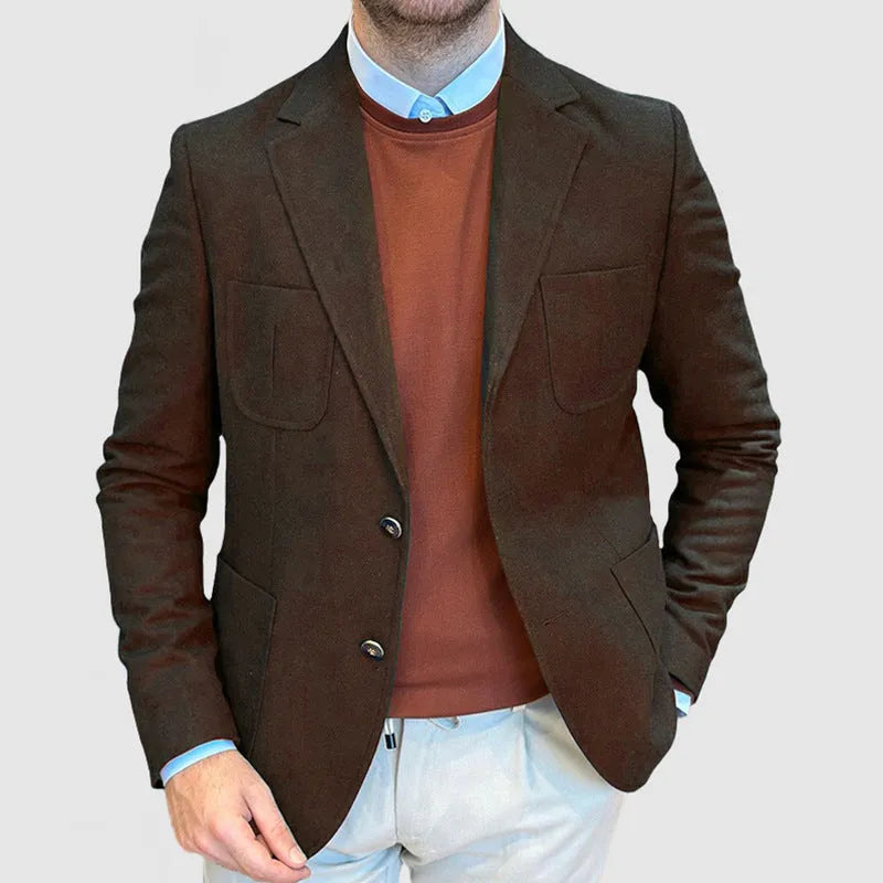Men's cotton loose-fit retro suit jacket shown in army green colour