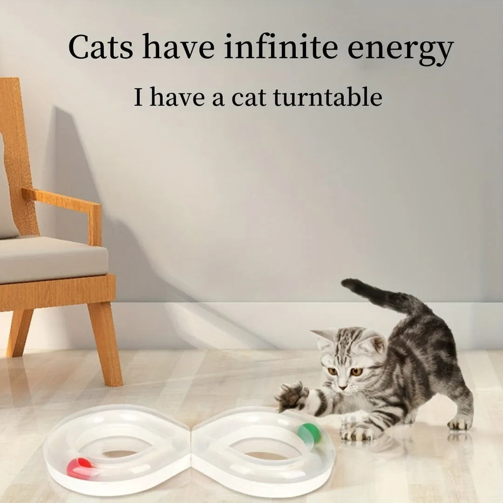 Cat toys collection showing self-hi turntable track ball and teasing cat stick for feline entertainment