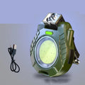 Black cap clip lamp with LED and COB wick clipped onto a cap brim showing red light mode