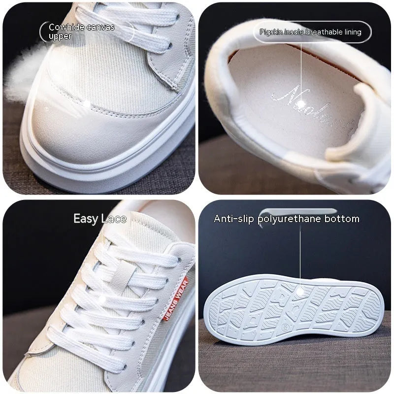 Women's pink leather board shoes with thick soles for height increase