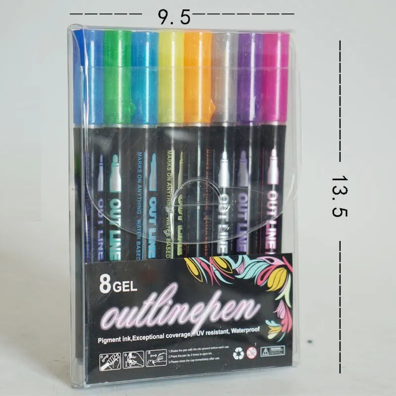 12 colour double line outline metal pens with plastic tips for 1mm-2mm line width marking