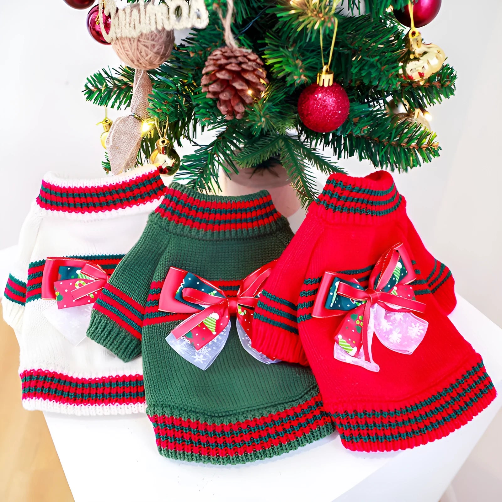 Red and green Merry Christmas print dog sweater for small to large dogs.