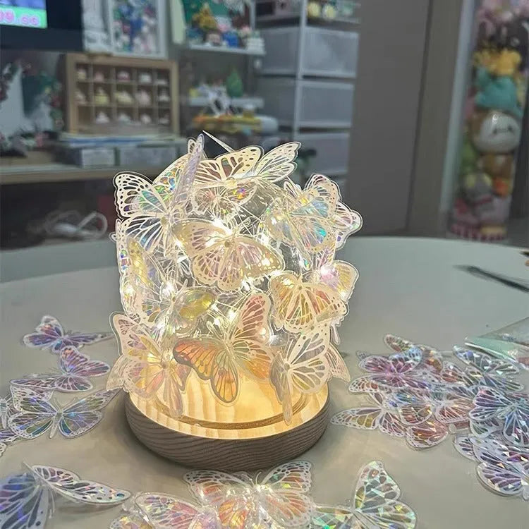 Butterfly night lamp with glass shade and wood base measuring 12x15cm