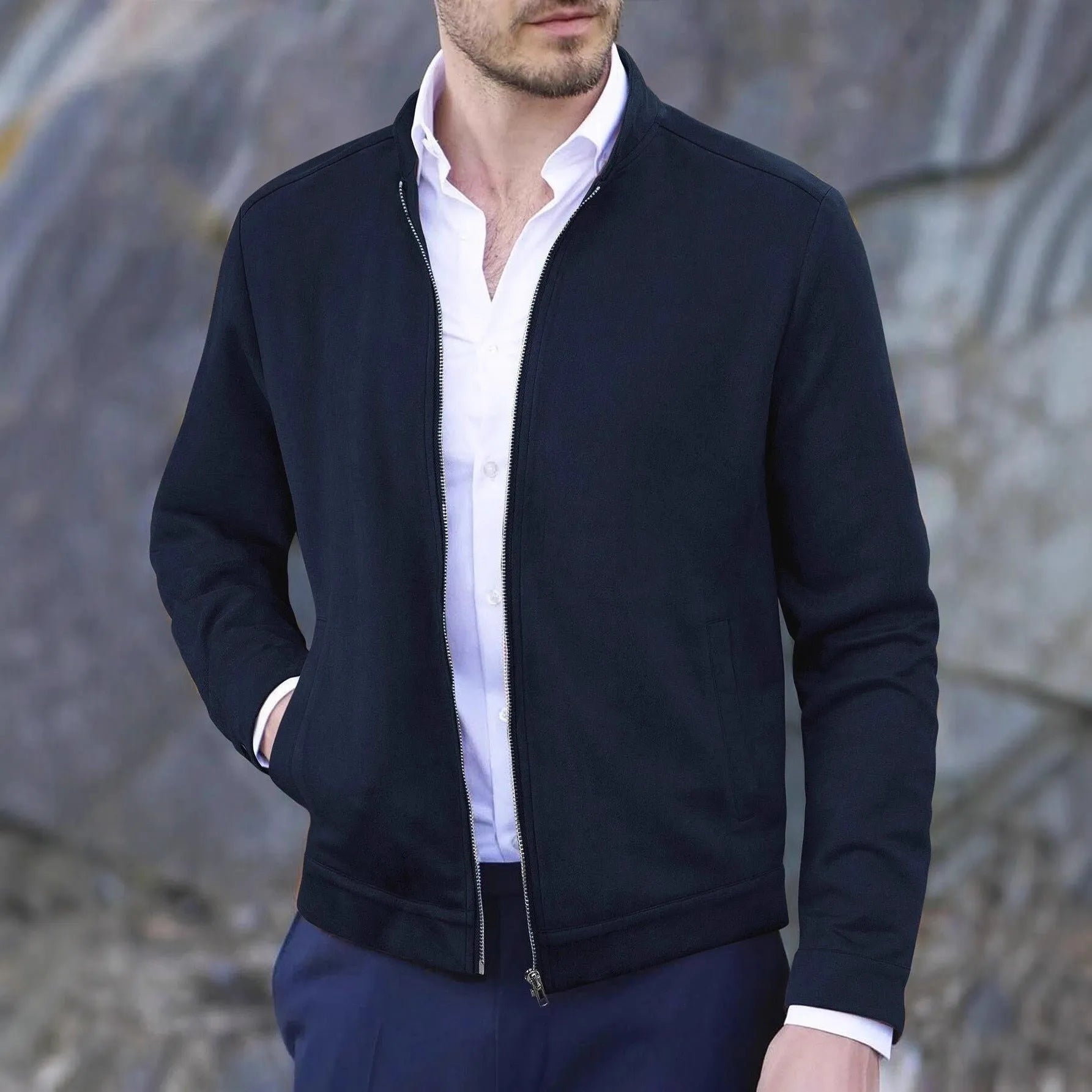 Men's slim fit stand collar jacket solid colour casual winter outerwear front view