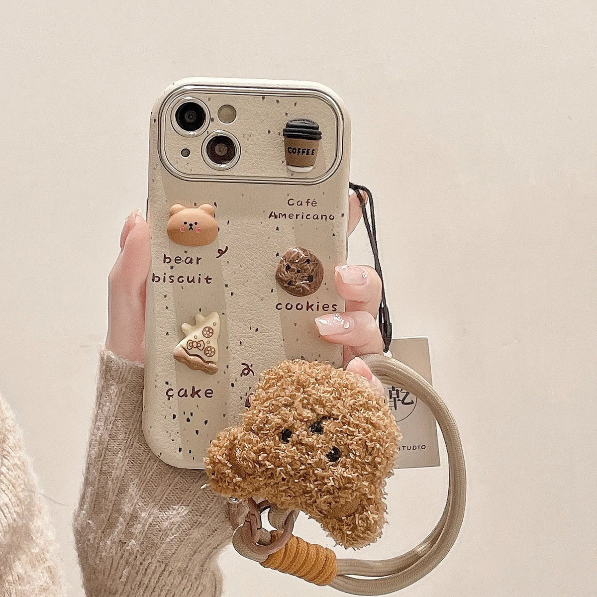 Imitation leather soft phone case with chain lanyard in Maillard brown for iPhone