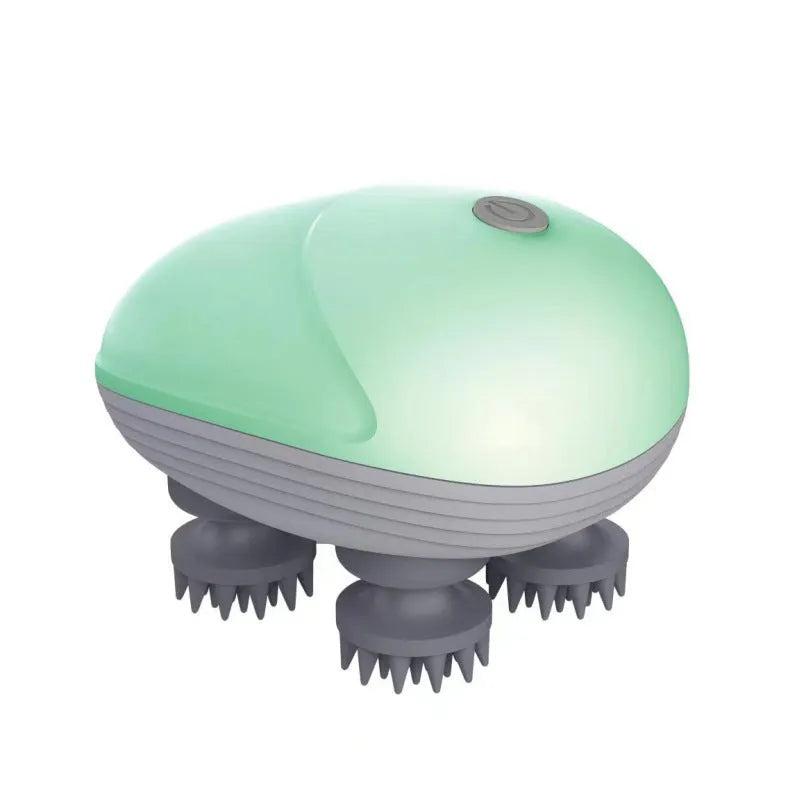 Blue handheld electric pet massager with four rotating soft heads on a white background