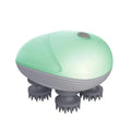 Blue handheld electric pet massager with four rotating soft heads on a white background