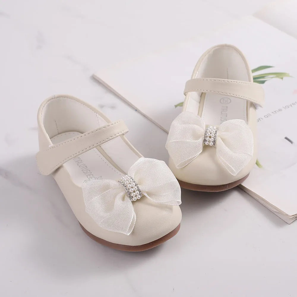Princess PU leather bow flower girl shoes in beige with Velcro closure and low top design