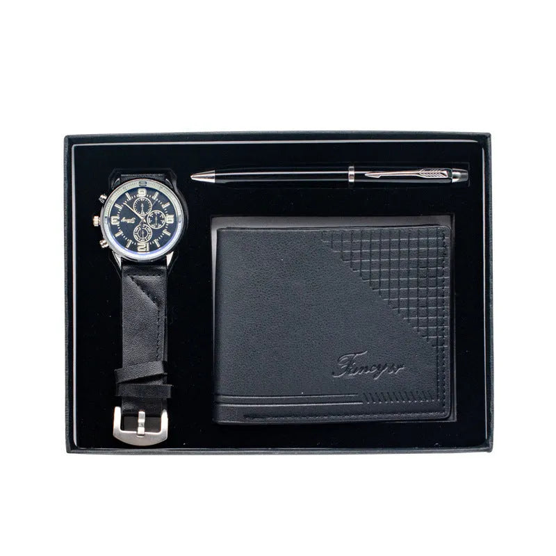 Creative holiday gift set showing wallet, pen, and watch in elegant gift box in black or brown colour