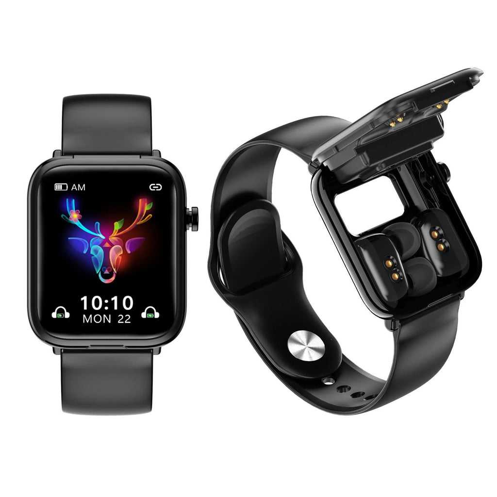 Black zinc alloy smartwatch with 1.69-inch touchscreen and integrated Bluetooth headset charging case.