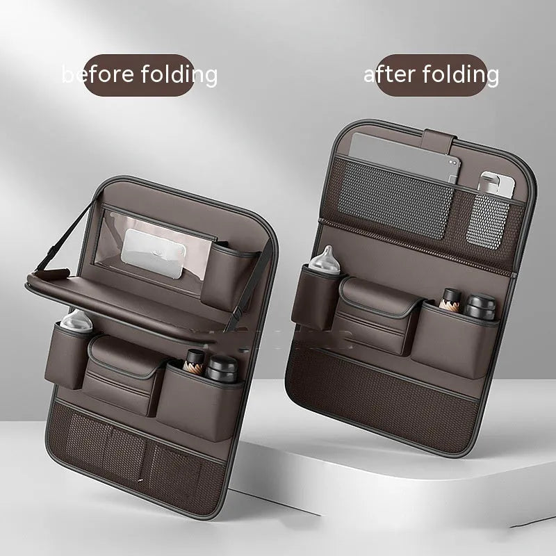 Car seat lazyback storage bag in obsidian black with foldable dining table and leather finish