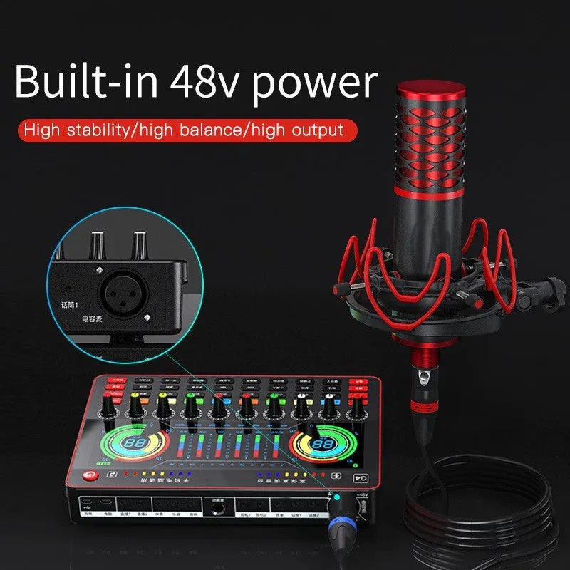 G4 professional sound card set with LCD screen, microphone, remote control, and cables on a desk.