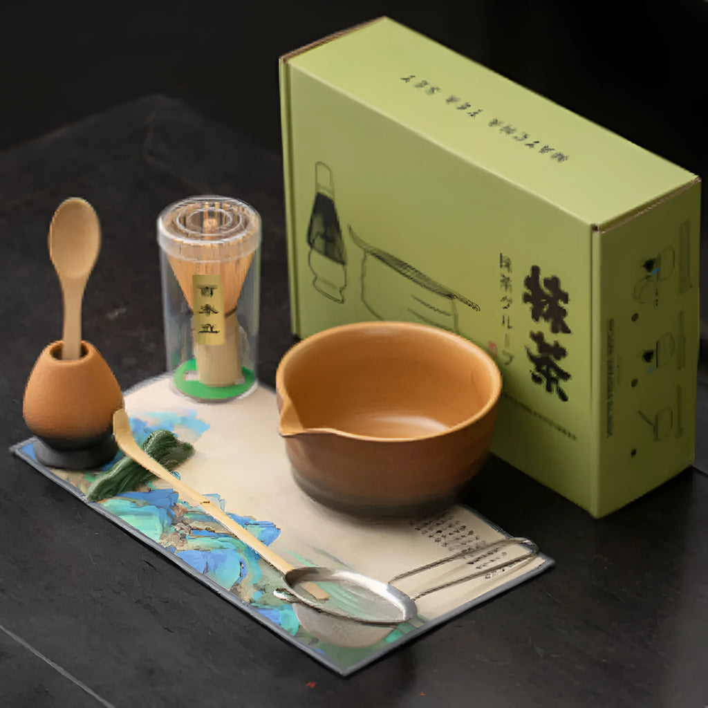 Guyun matcha eight-piece set with 600ml ceramic bowl, spoon, strainer, sifter, tea mat, stands and shelf