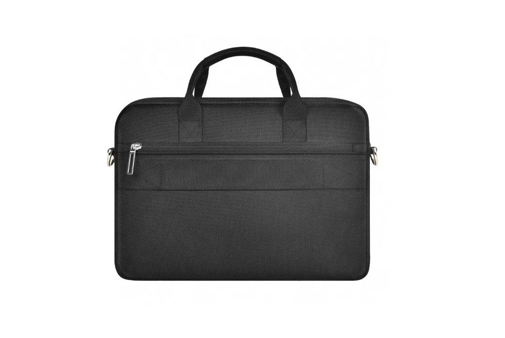 Black Oxford cloth laptop backpack showing multi-pocket design and separate computer compartment.