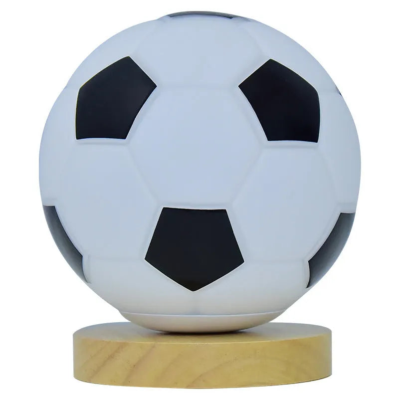 Football LED small night lamp with glass shade, USB plug-in, black and white or wooden frame option