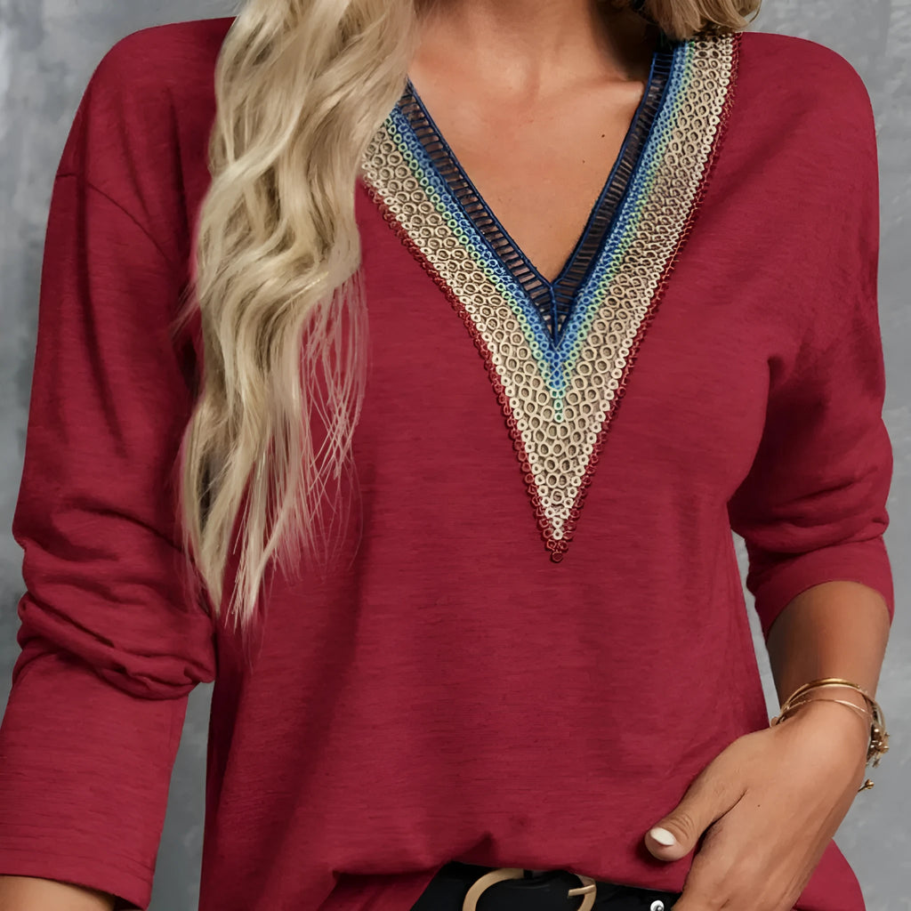 Lace spliced V-neck long sleeve top, mid-length polyester blouse in green, brick red, black or khaki