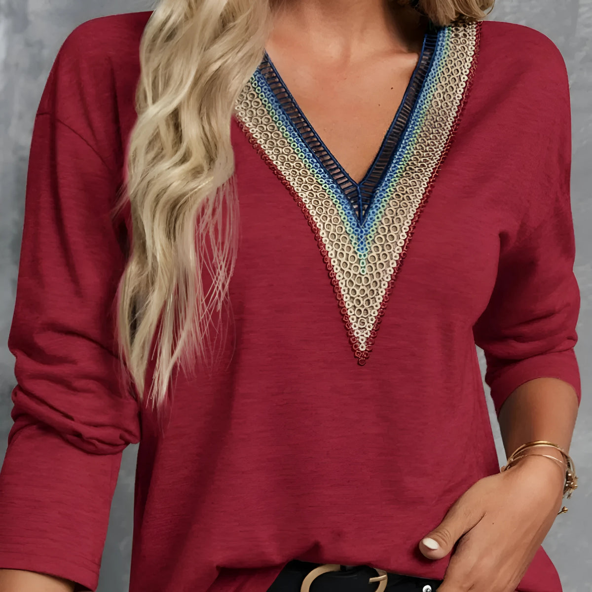 Lace spliced V-neck long sleeve top, mid-length polyester blouse in green, brick red, black or khaki
