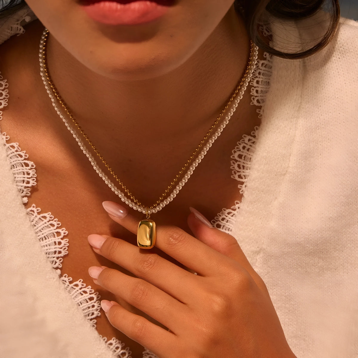 Double-layer pearl necklace with geometric pendant, stainless steel regular chain, gold or steel electroplated finish, 18K