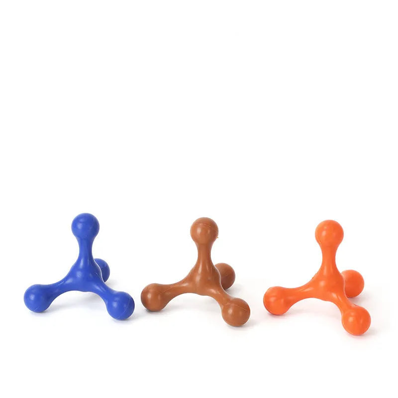 Blue silicone puppy teething toy with three legs, measuring 9.5 cm for small and medium dogs.